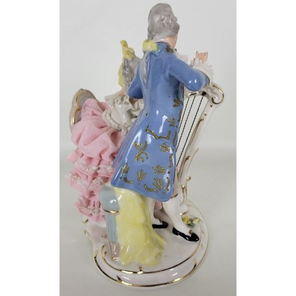 Vintage Dresden Potschappel Porcelain Figurine Lady Man Playing Harp Violin Lace - Picture 8 of 10